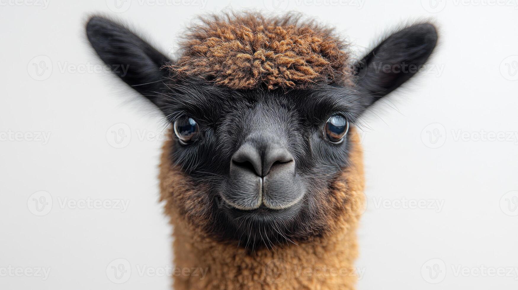 A charming alpaca showcases its unique, expressive face against a subtle backdrop photo