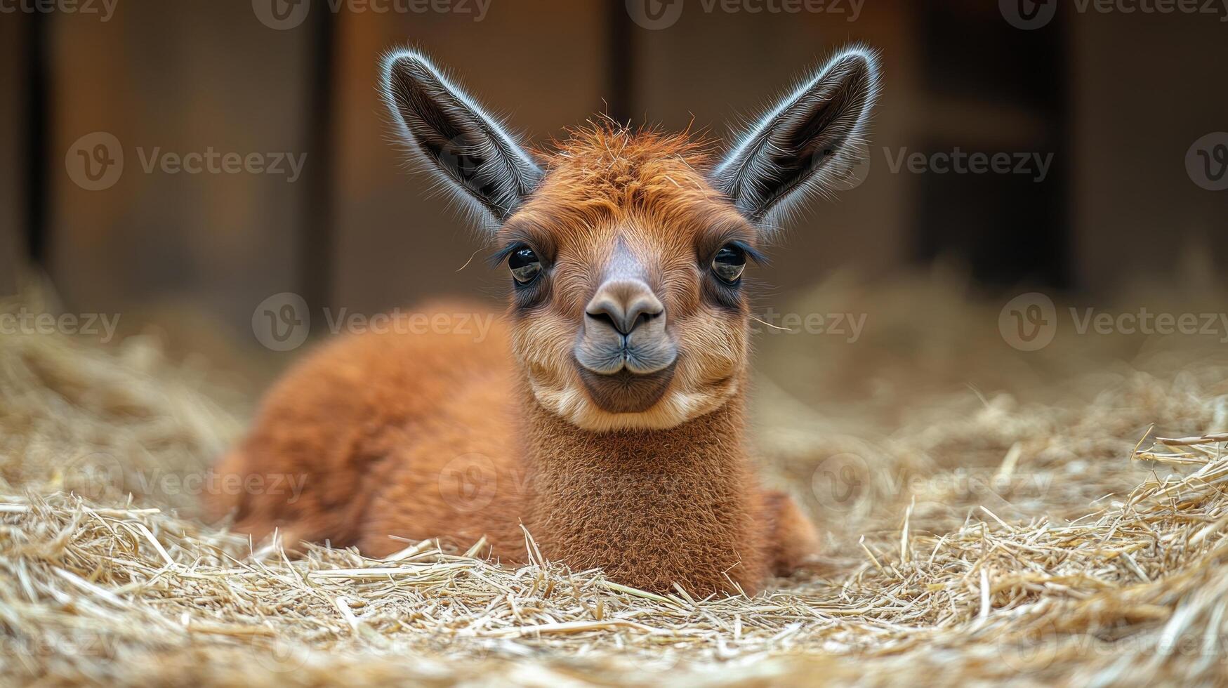 A young, playful llama relaxes in straw, enjoying a peaceful moment in the farm's cozy atmosphere photo
