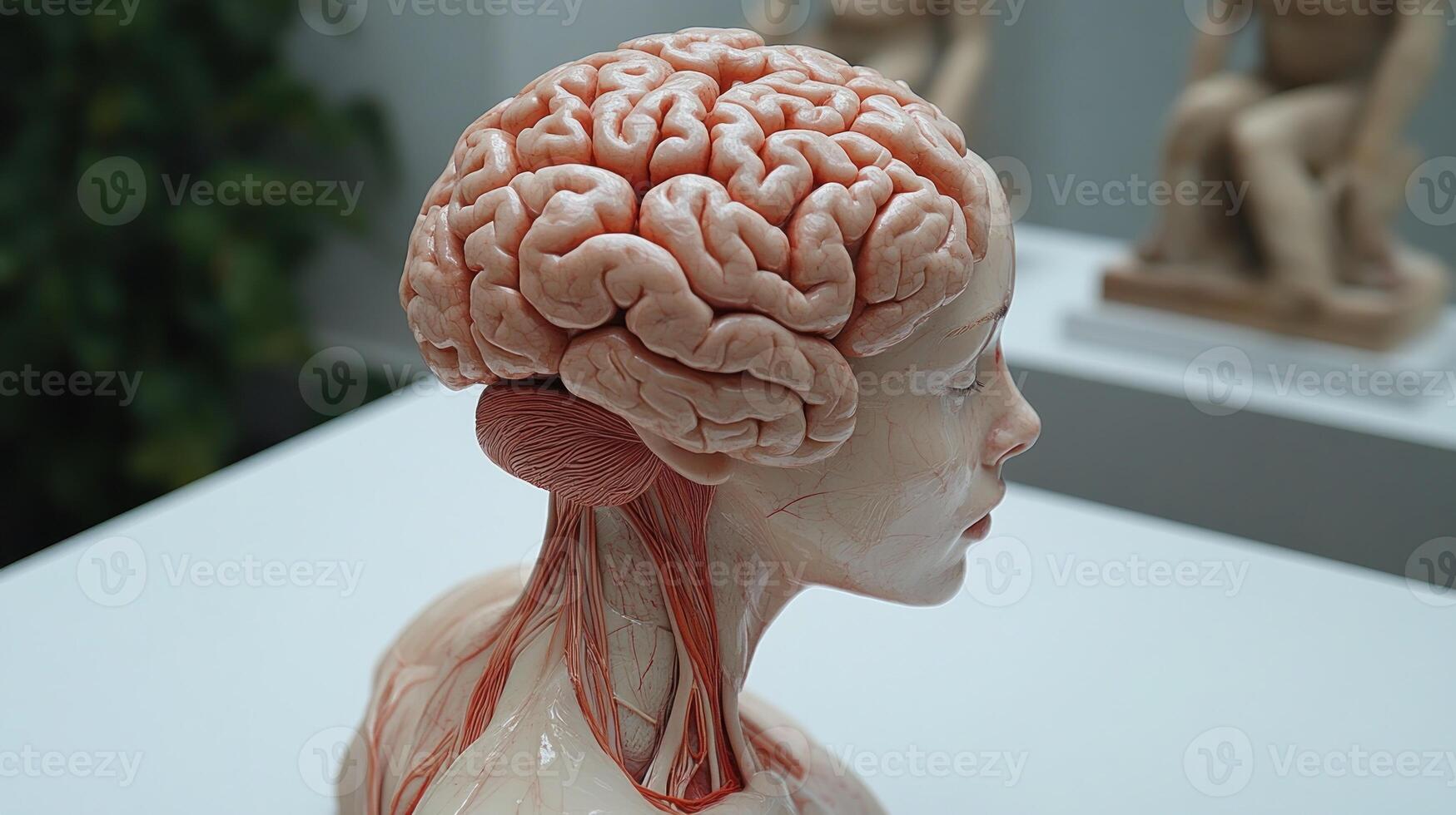 A stunning model showcases the brain's structures and neck connections in a pristine exhibit photo