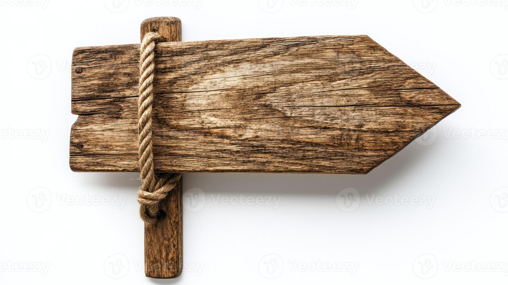 A weathered wooden arrow sign, tied with rope, invites exploration in the great outdoors photo