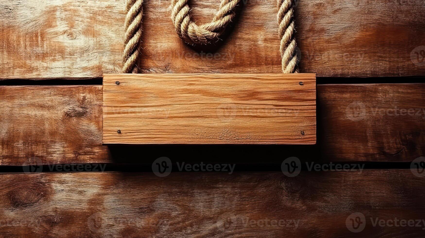 A rustic wooden sign hangs from braided rope, adding warmth to a cozy space photo
