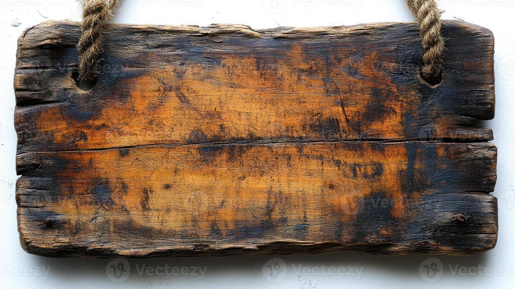 Weathered wooden board with unique patterns, hung by sturdy rope, exuding rustic charm and history photo