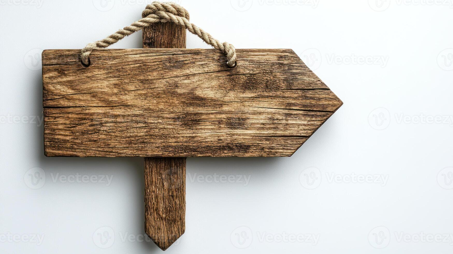 Rustic wooden sign with a rope hanging, ideal for outdoor settings or artistic displays photo