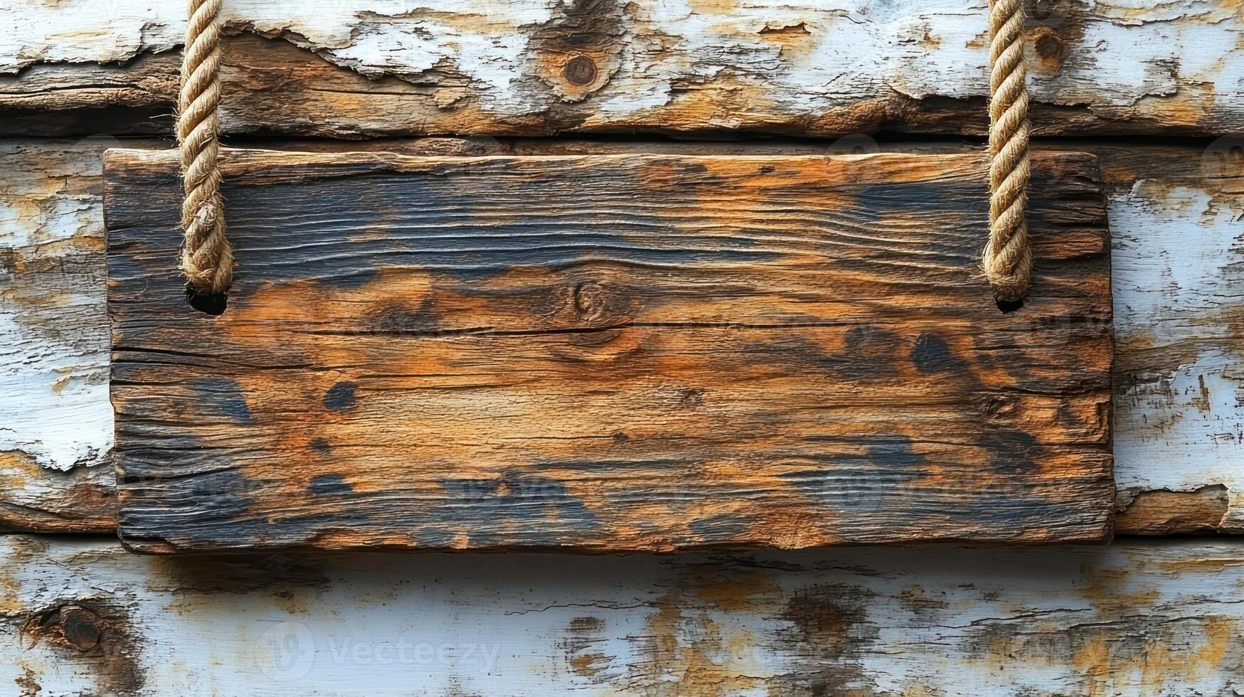 A weathered wooden sign hangs from a rope, surrounded by rustic charm and natural textures photo