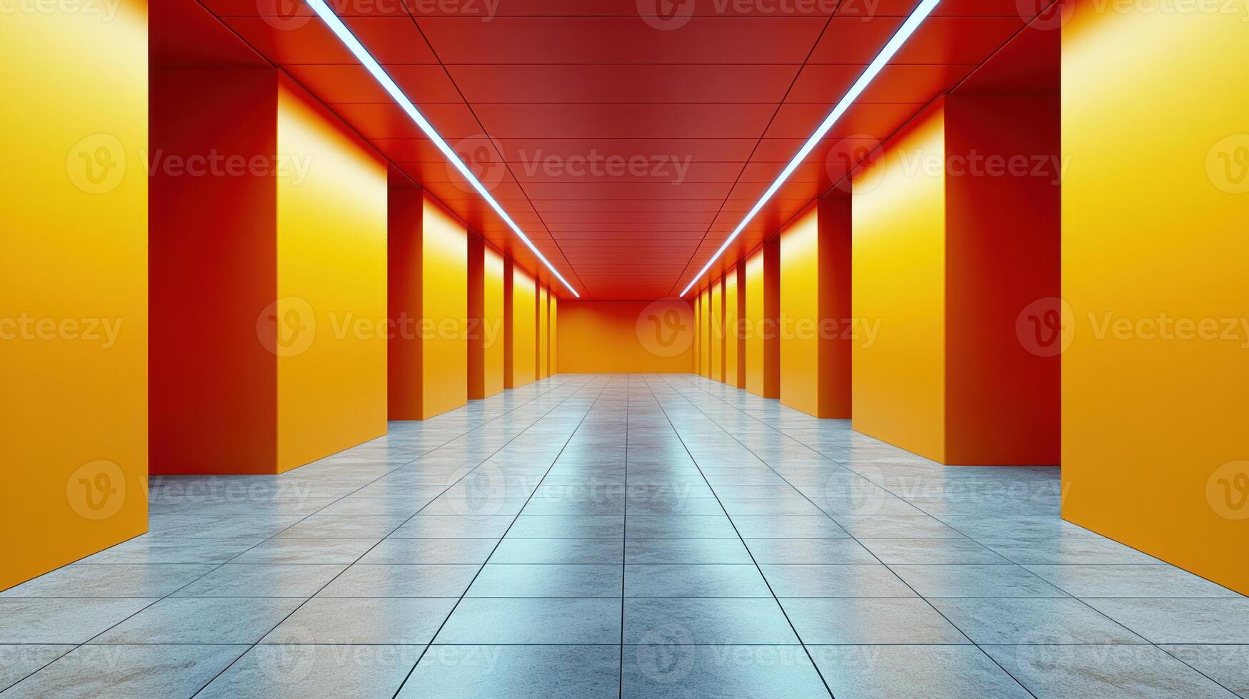 Walking through a vivid orange corridor with smooth tiles creates a captivating ambiance photo