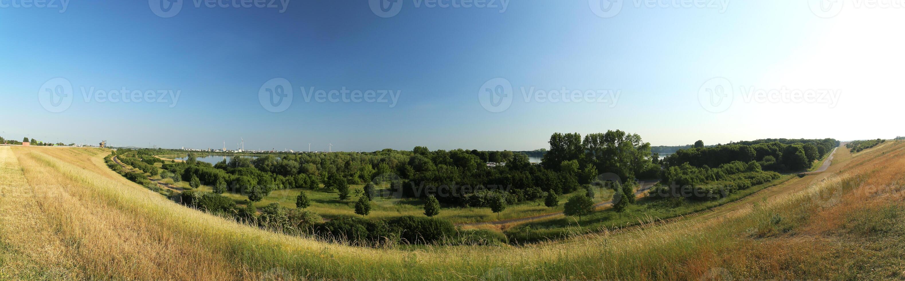Panoramic view of the Barleber See I and II seen from the Mittelland Canal in Magdeburg, Saxony-Anhalt, Germany. photo