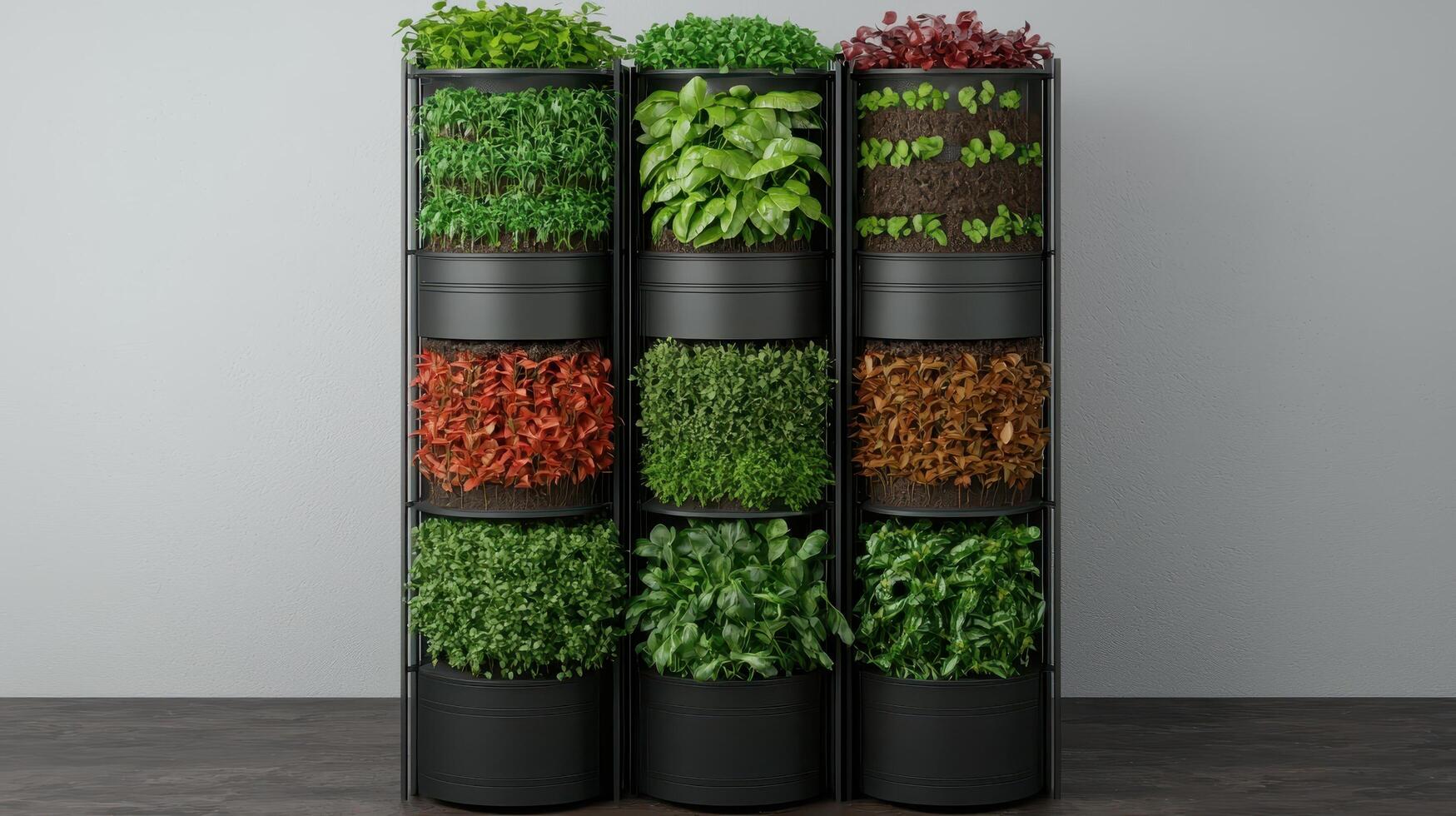 Modern Indoor Vertical Garden with Diverse Greenery and Herbs in Black Pots photo