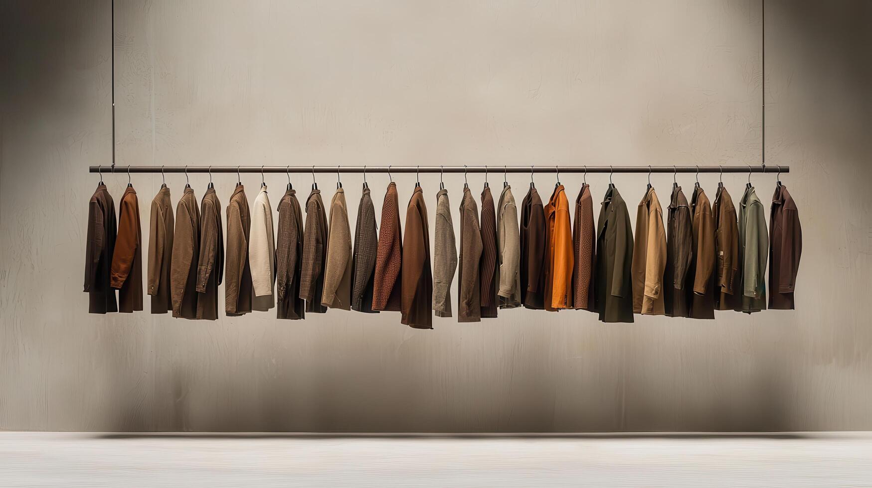 Stylish Autumn Winter Jackets Collection on Hanging Rack Brown Tones Fashion Apparel photo