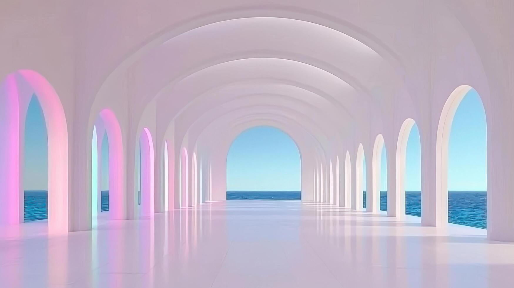 Serene Coastal Archway Pastel Lit Ocean View Corridor Minimalist Architecture photo
