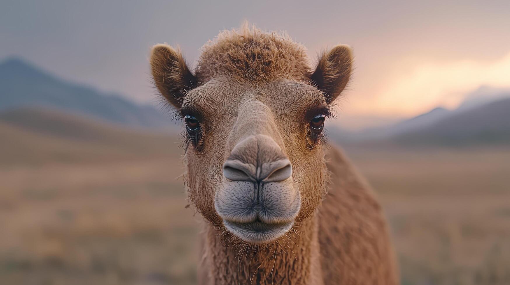 Majestic Bactrian Camel Portrait at Sunset in Desert Landscape photo