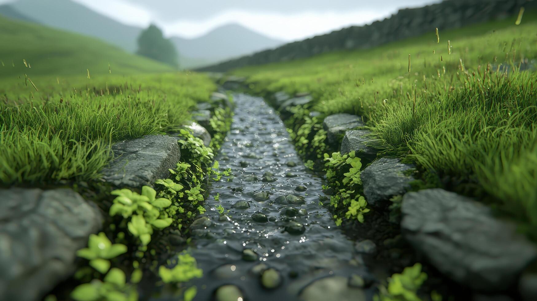 Serene Stream Flowing Through Lush Green Meadow Stone Path Rural Landscape photo