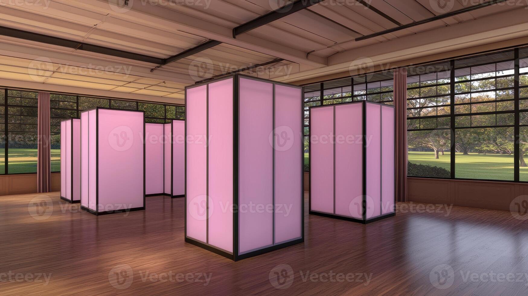 Modern Pink Illuminated Room Dividers in a Spacious Venue with Large Windows and Park View photo