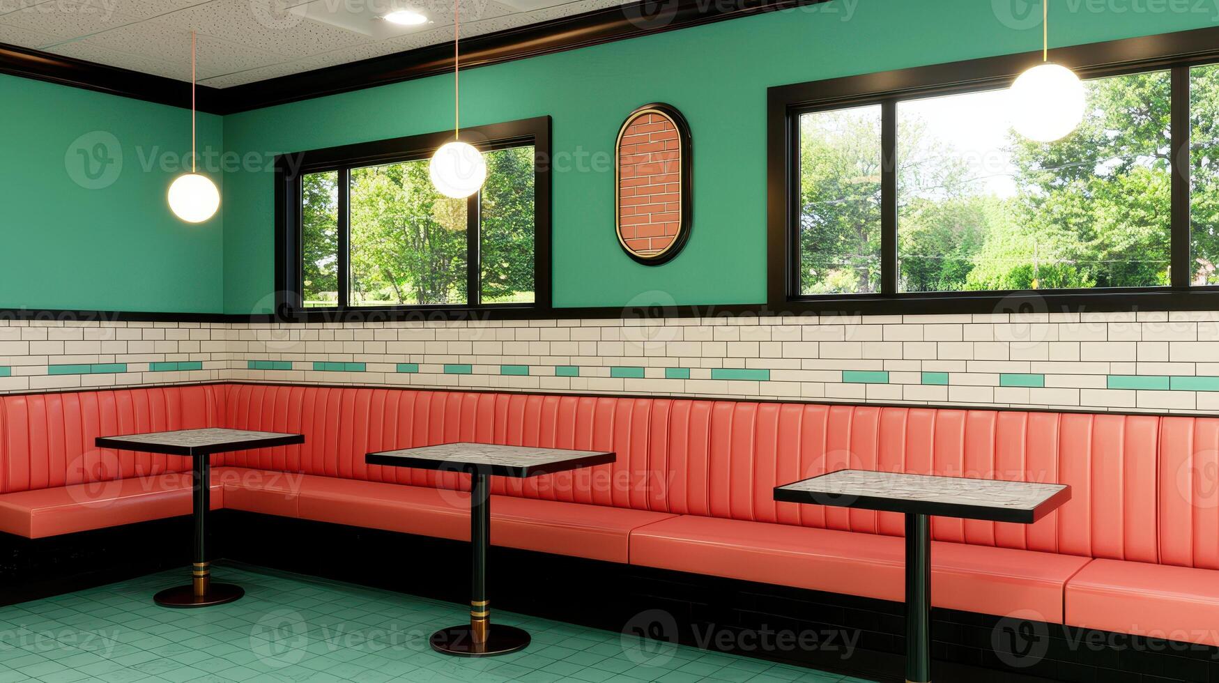 Retro Diner Booth Seating Teal Walls Vintage Restaurant Interior Design photo