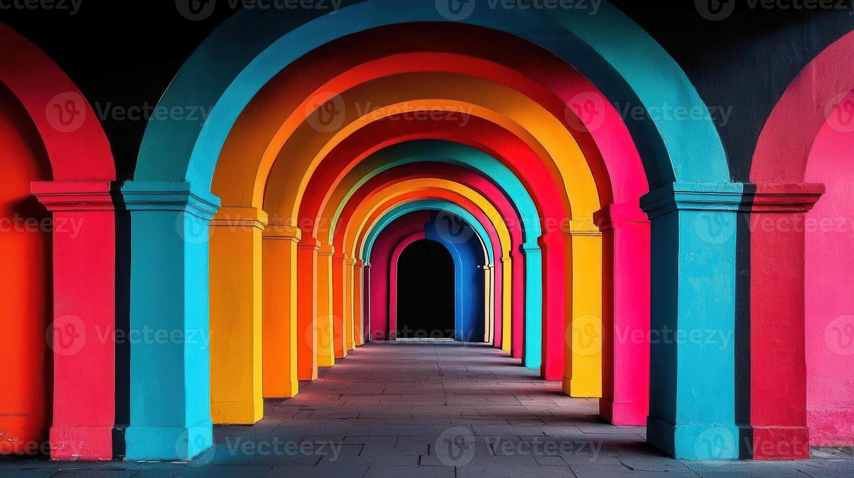 Vibrant Rainbow Archway Passageway Colorful Architecture Brightly Painted Columns Abstract photo