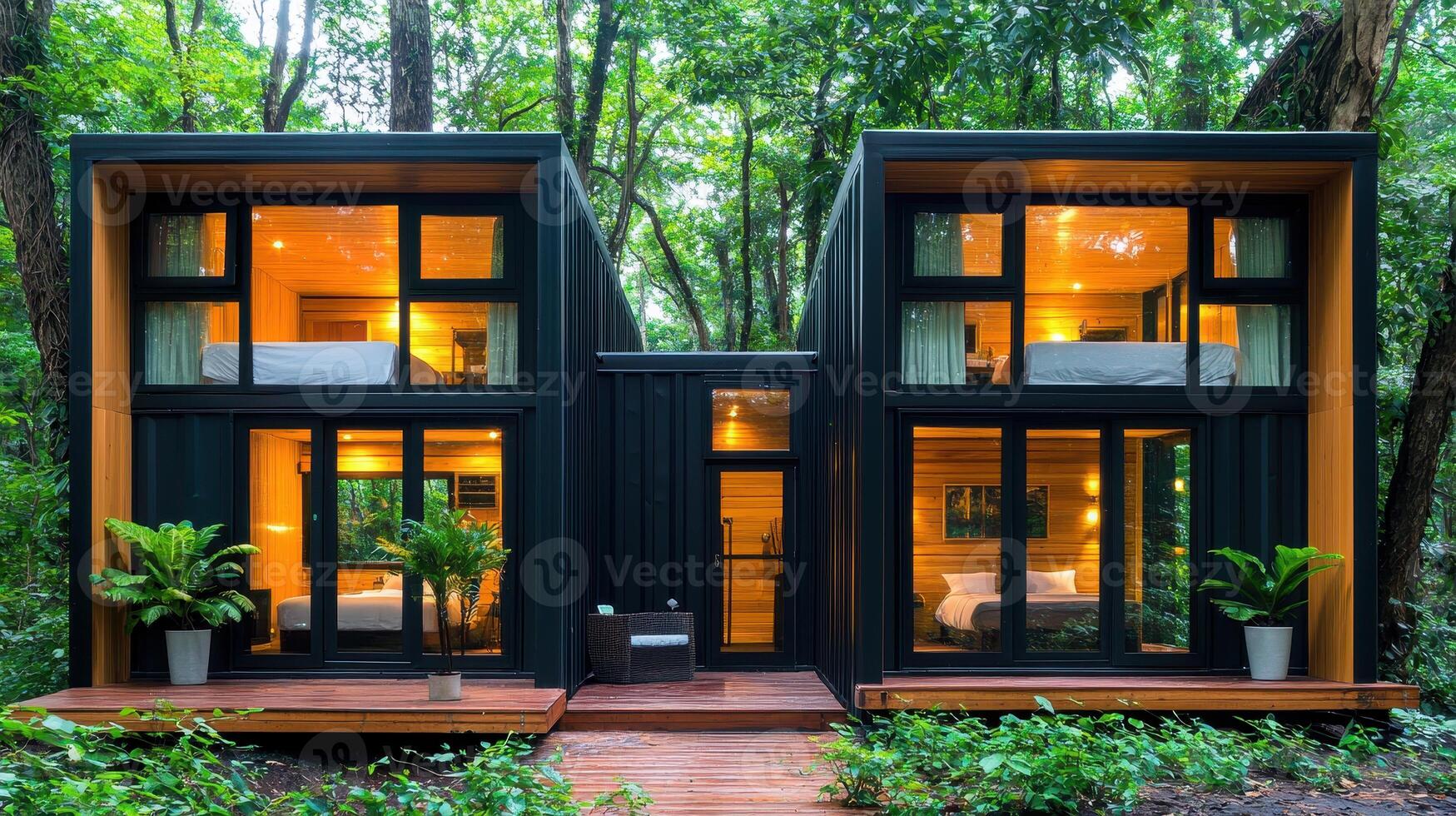 Modern Container Homes in Lush Forest Setting Eco Friendly Cabin Retreat photo