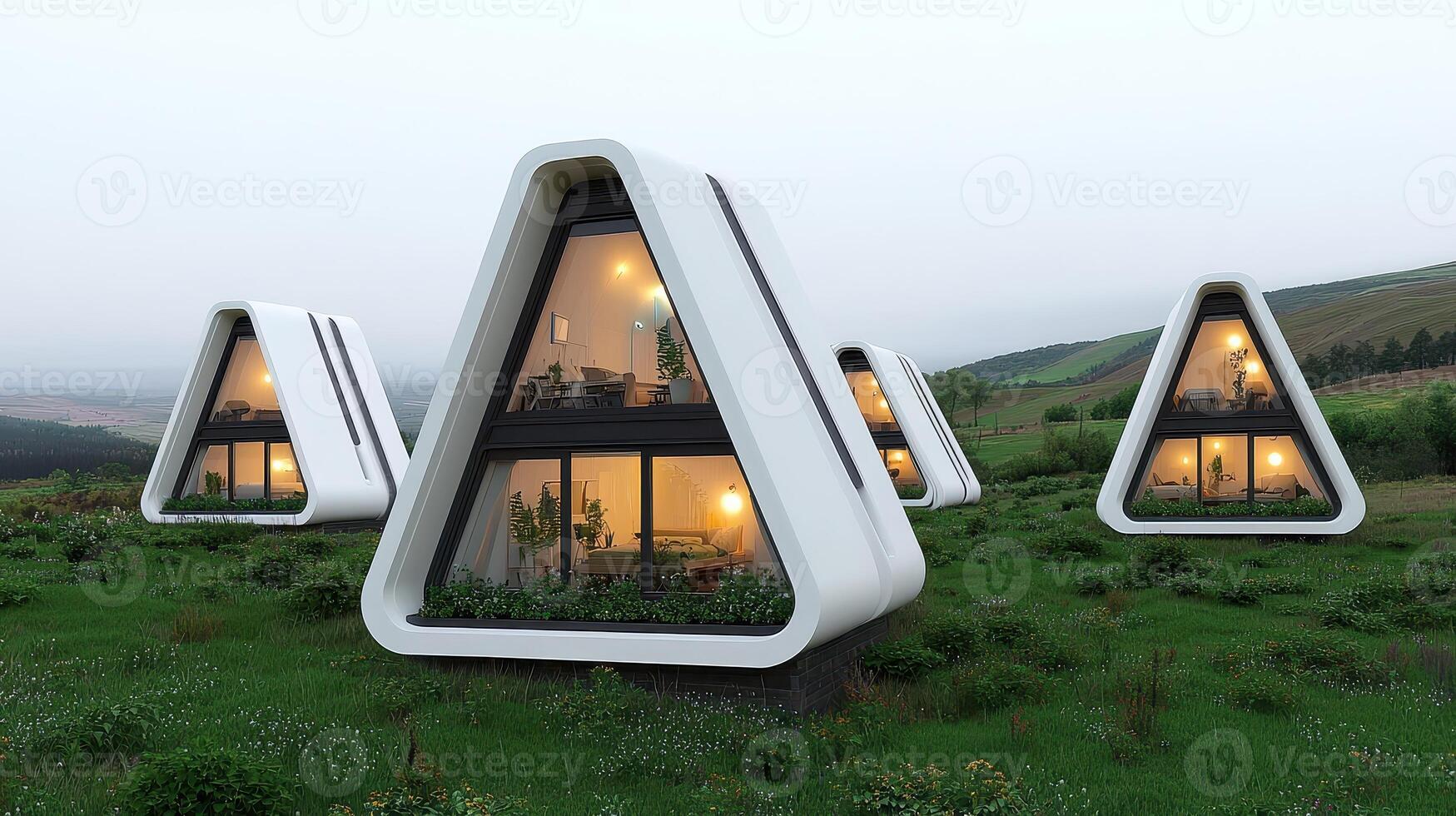 Modern Triangular A Frame Cabins on a Hillside at Dusk Futuristic Eco Friendly Design photo