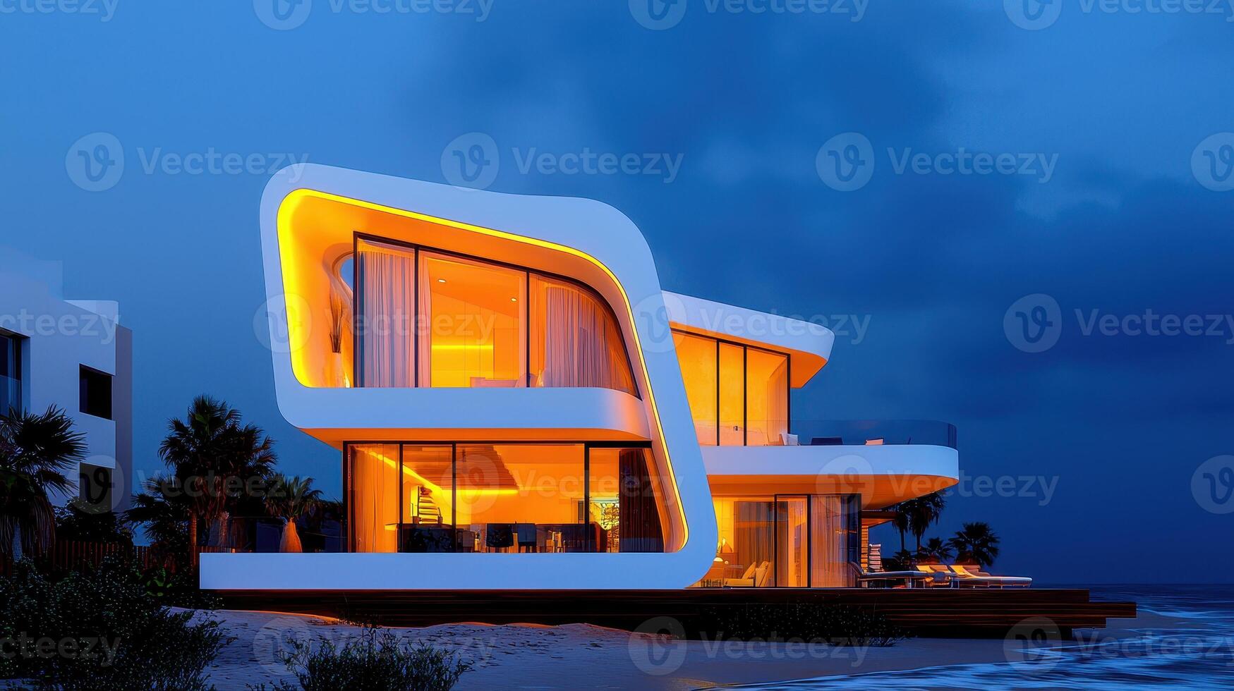 Modern Luxury Beachfront Villa at Dusk Illuminated Architectural Design photo