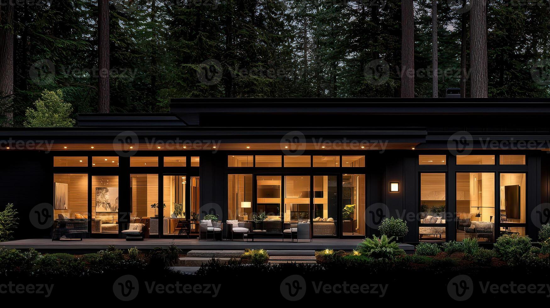 Modern Black House Exterior at Night Illuminated Windows Forest Setting photo