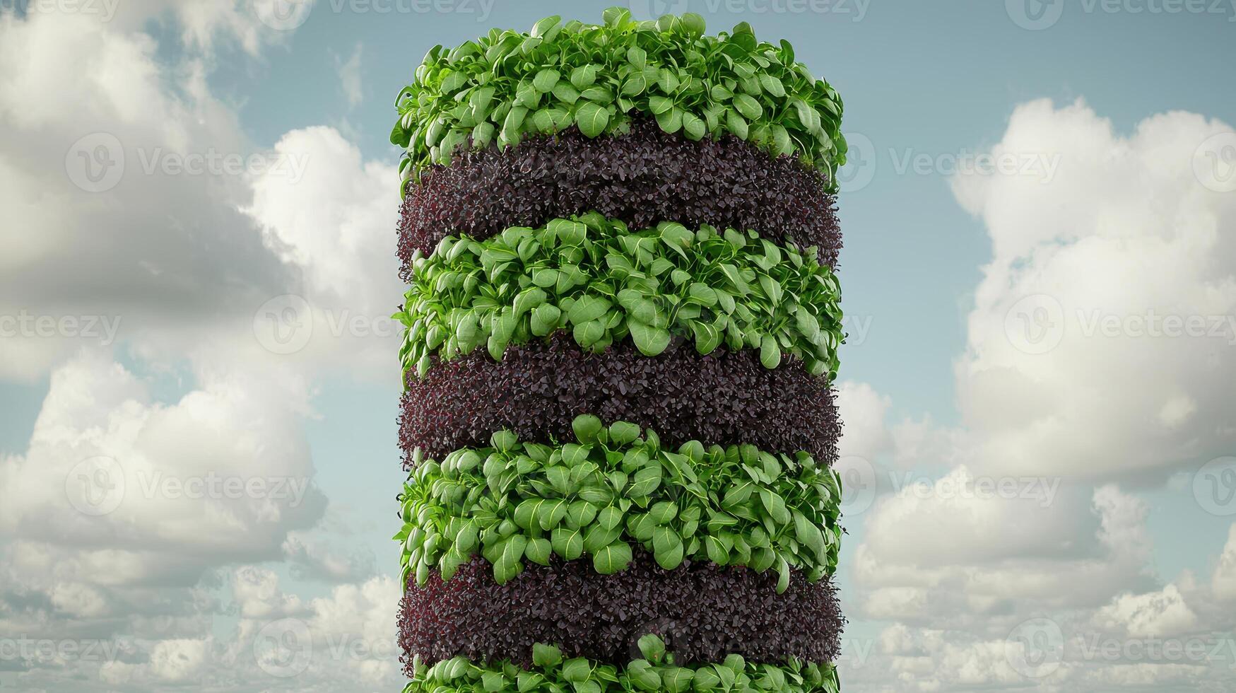 Vertical Farming Tower of Fresh Green and Red Leafy Greens Against Cloudy Sky photo