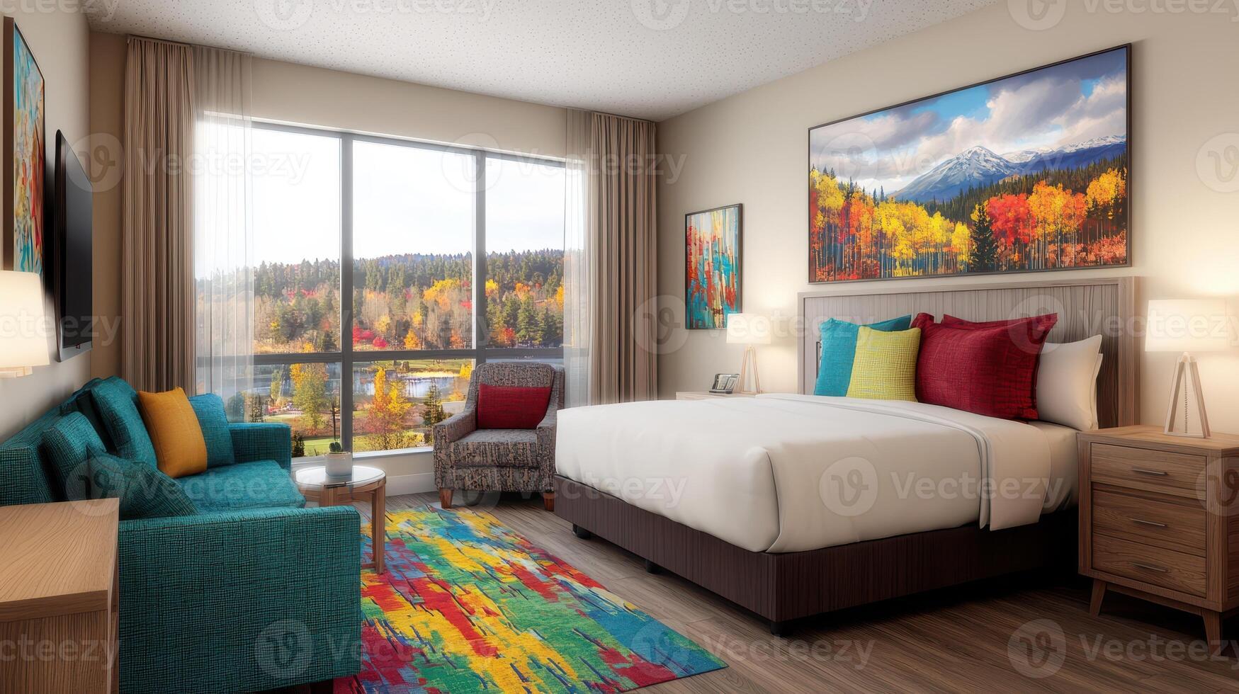 Modern Hotel Suite with Stunning Autumn View Comfortable King Bed and Colorful Decor photo