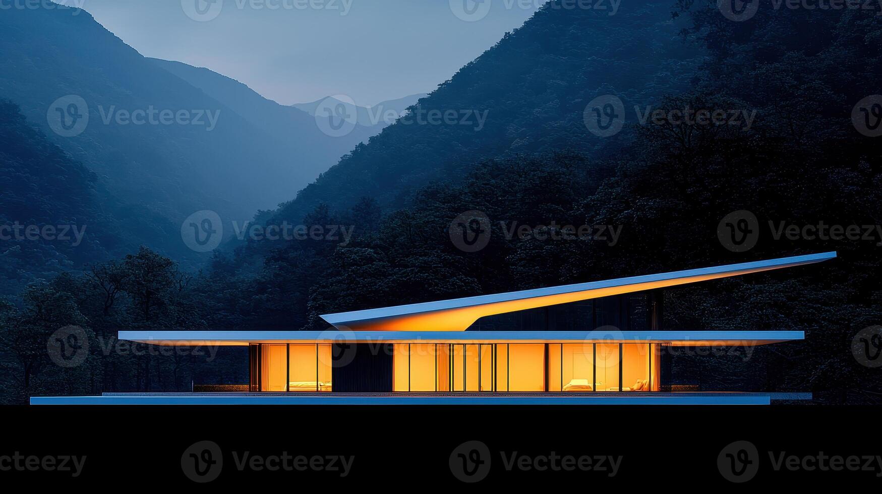 Modern Mountaintop House at Dusk Illuminated Windows Panoramic View photo