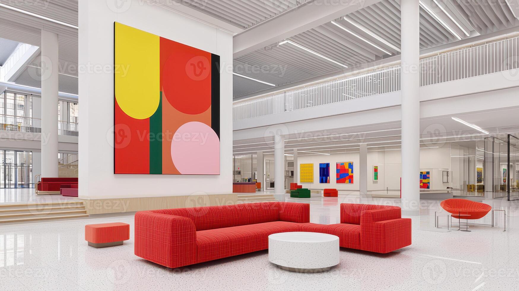 Modern Office Lobby Interior Design with Red Sofa Abstract Artwork and Terrazzo Floor photo