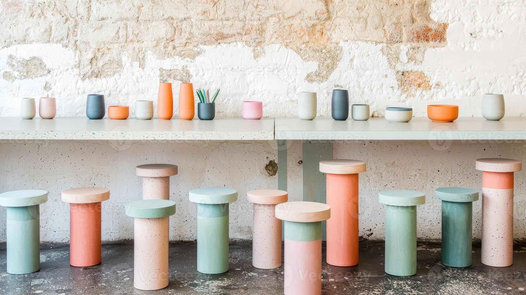 Pastel Terrazzo Stools and Pottery on a Light Green Table Against a Distressed Brick Wall photo