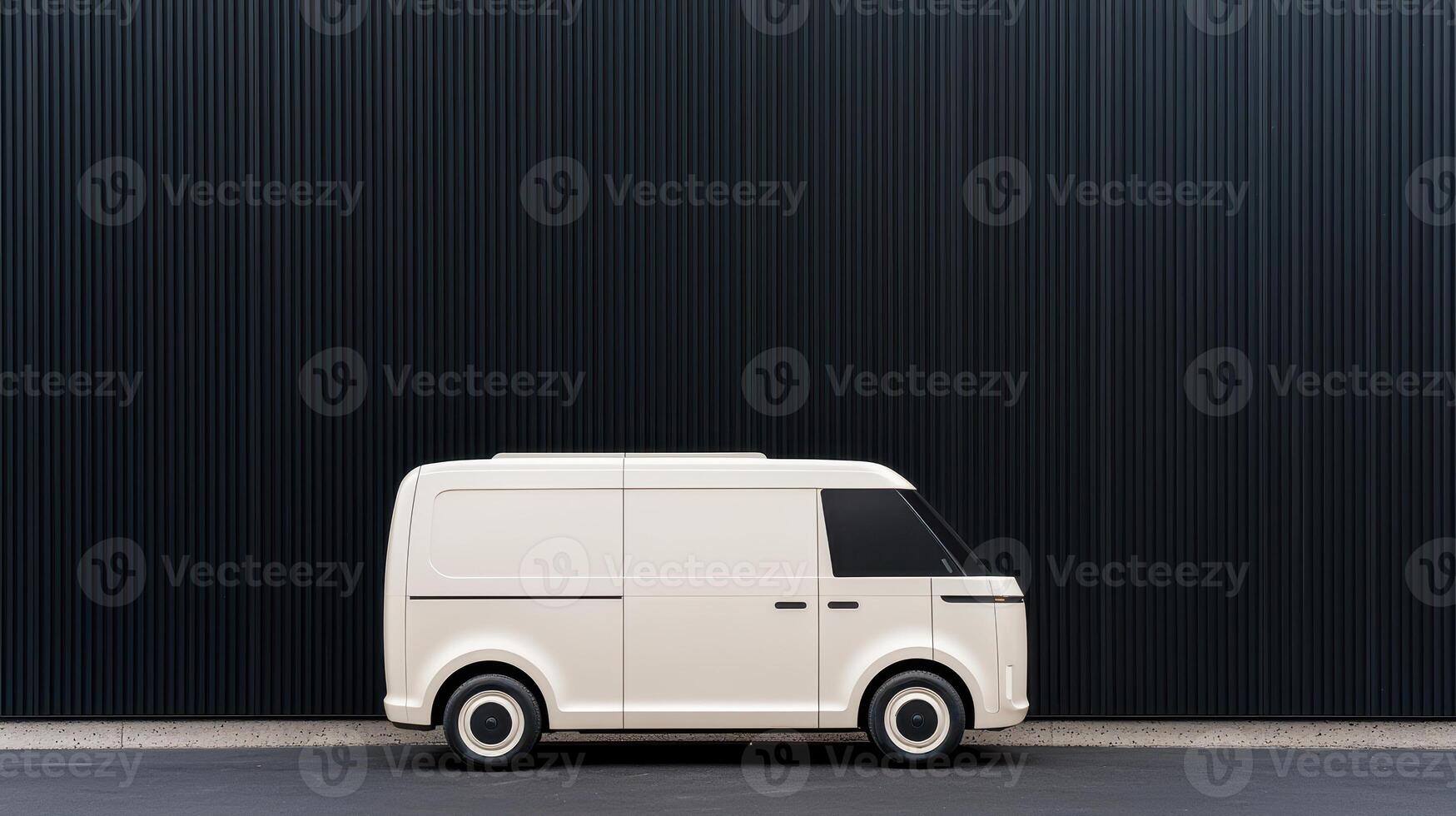 Modern White Delivery Van Parked Against Dark Industrial Background photo
