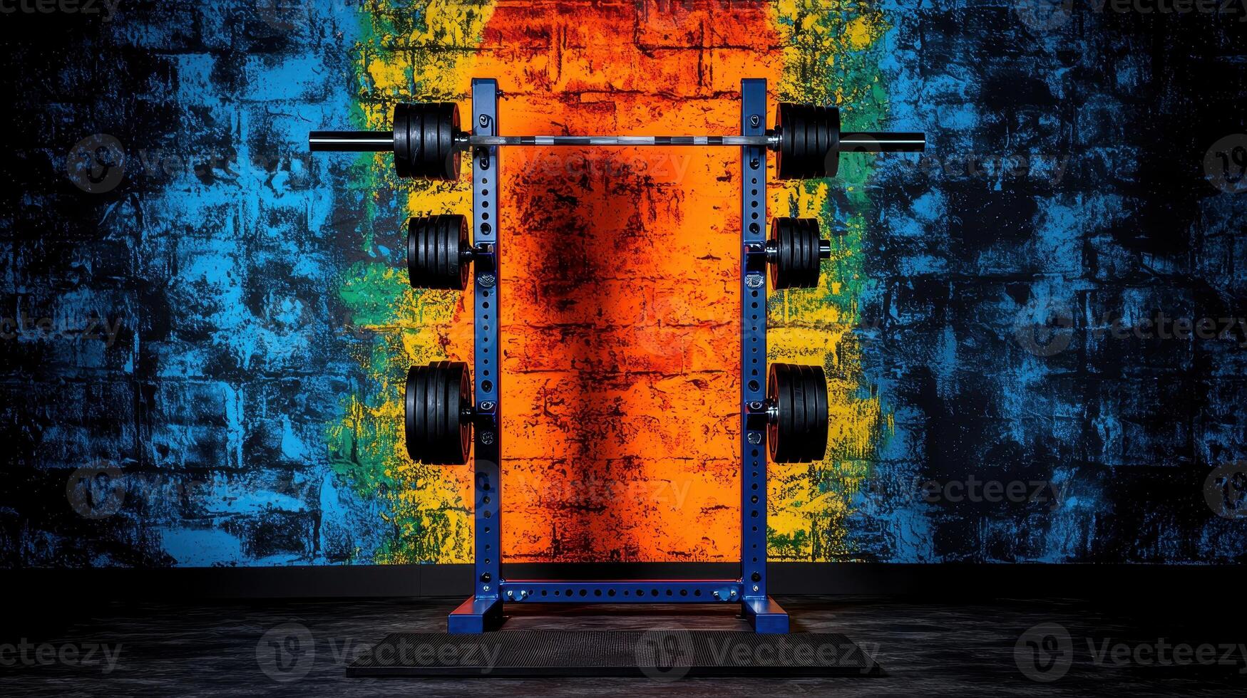 Loaded Weightlifting Rack Against Vibrant Graffiti Wall in Gym photo