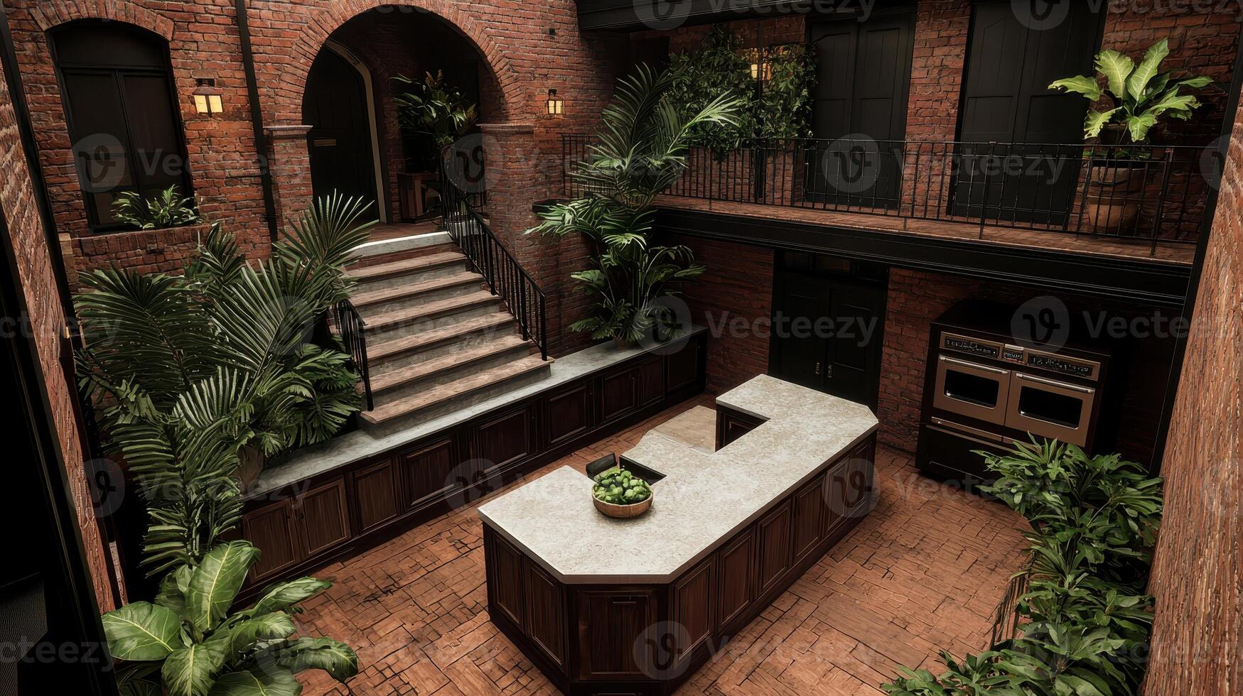 Luxurious Indoor Courtyard Kitchen with Brick Walls Greenery and Island Counter photo