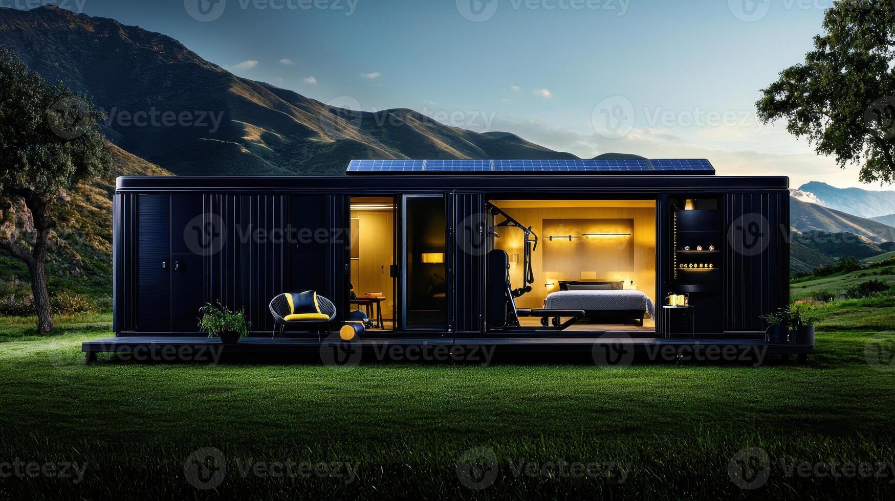 Modern Sustainable Tiny Home with Solar Panels Gym and Mountain View photo