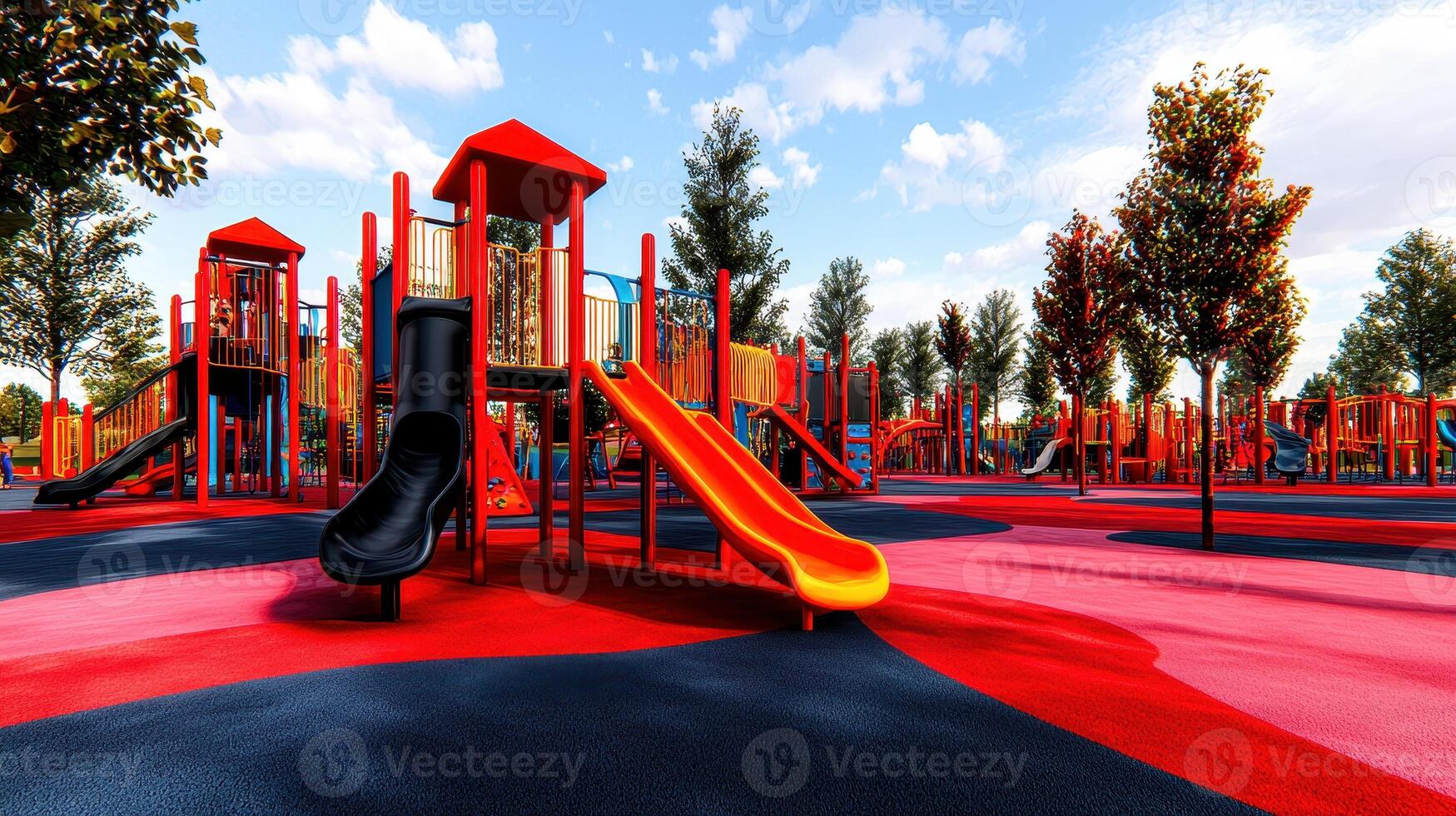 Vibrant Playground with Colorful Slides and Play Structures for Children photo