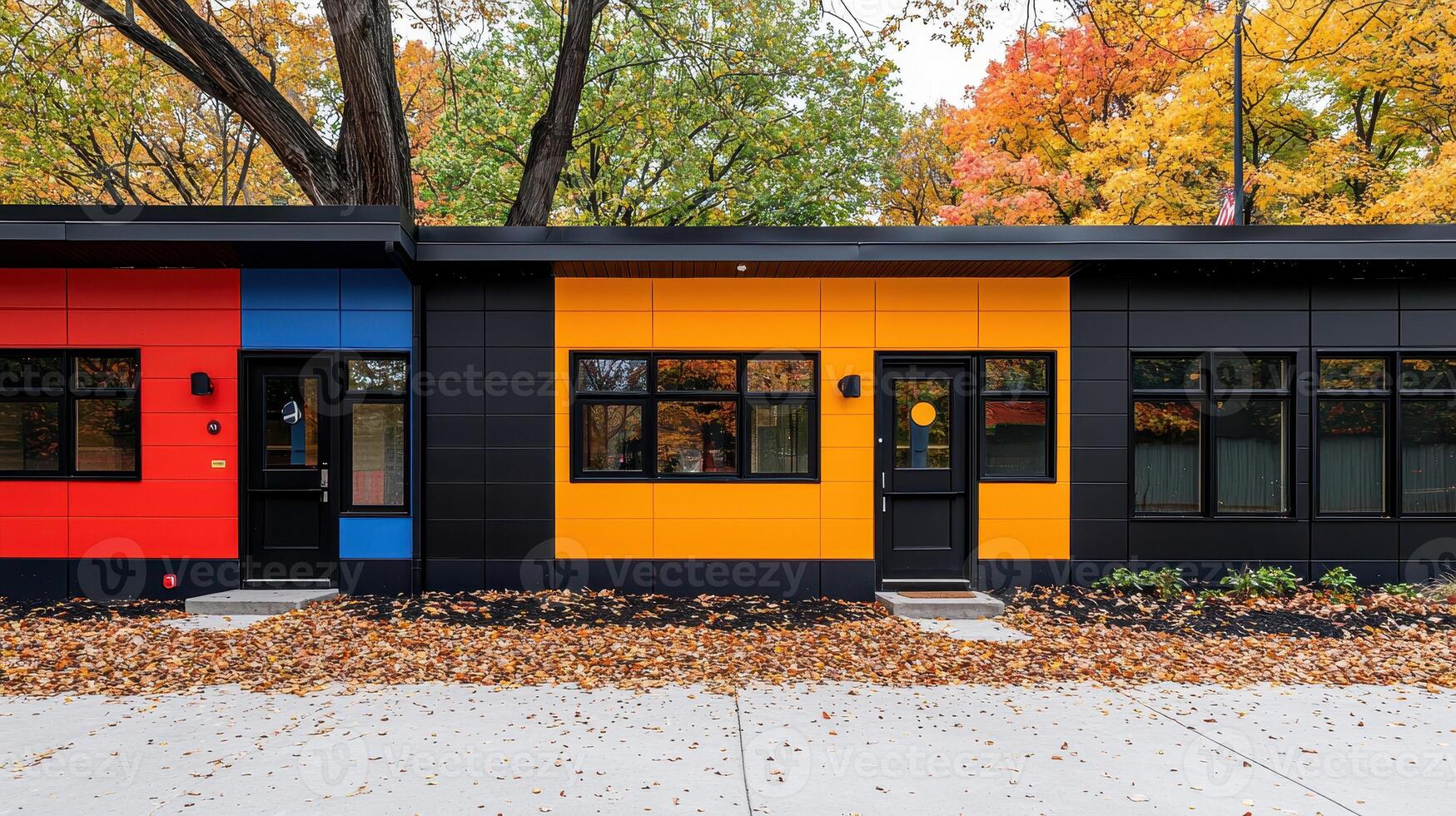 Colorful Modern Building Exterior with Autumn Leaves Fall Season Architecture photo