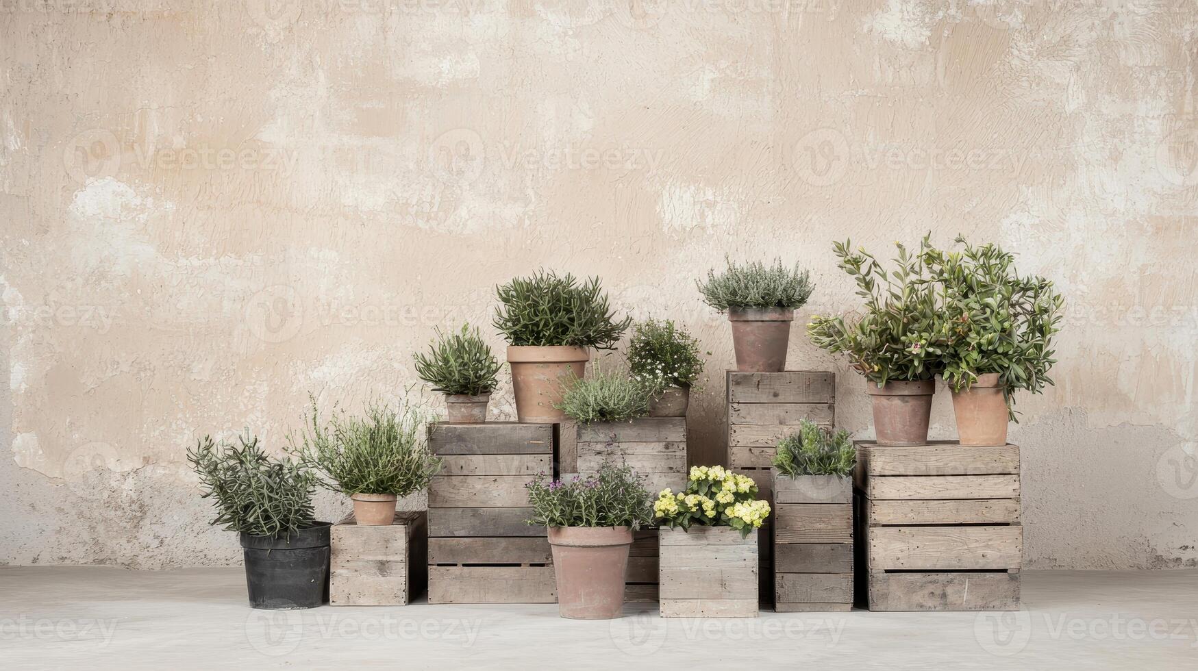 Rustic Wooden Crate Arrangement with Potted Herbs and Plants Against a Weathered Wall photo
