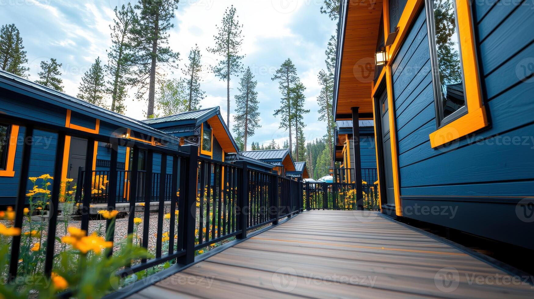 Modern Blue Cabins with Orange Accents Wooden Deck in a Pine Forest photo