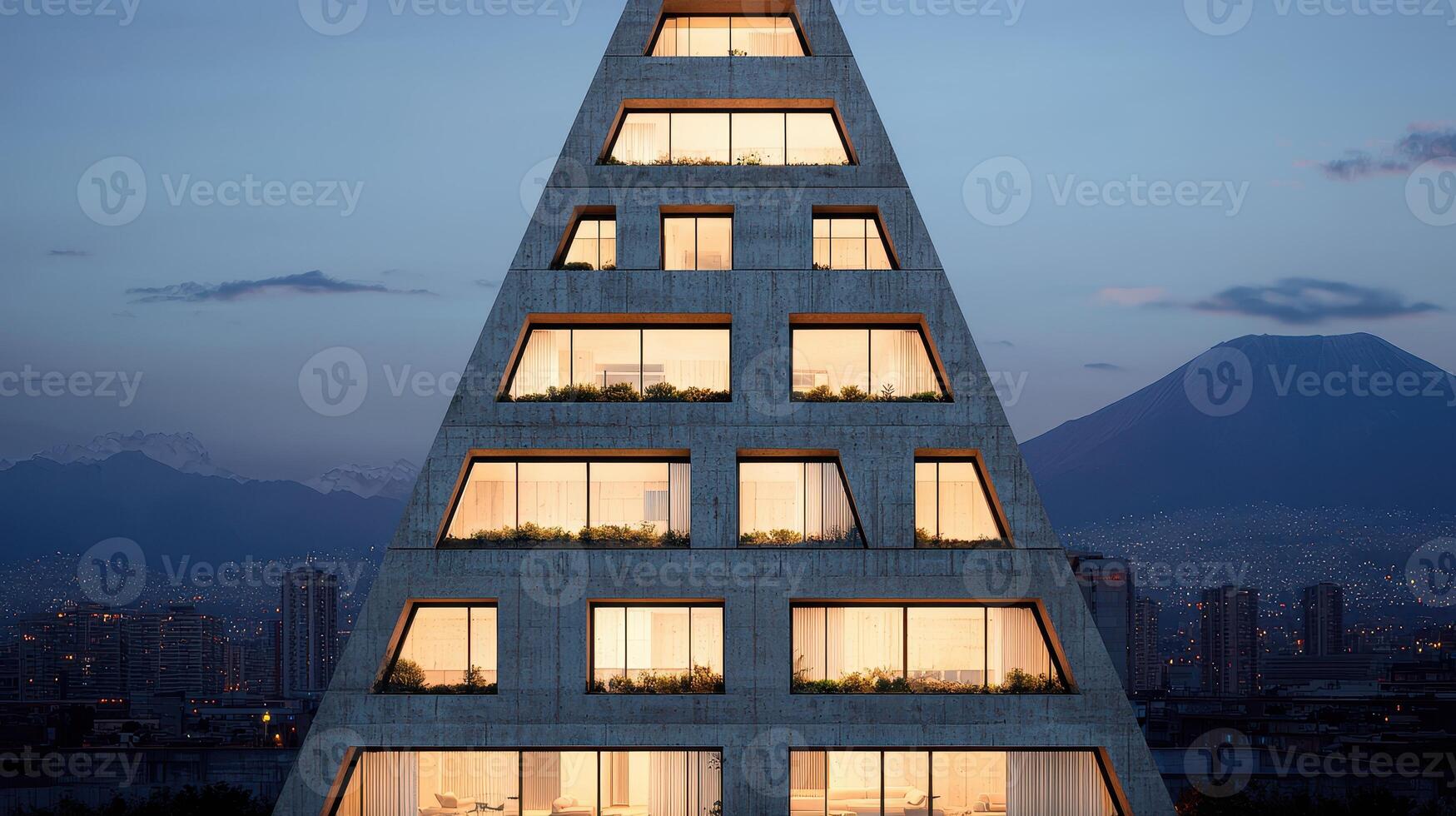 Modern Triangular Concrete Building at Dusk Cityscape View Illuminated Windows photo