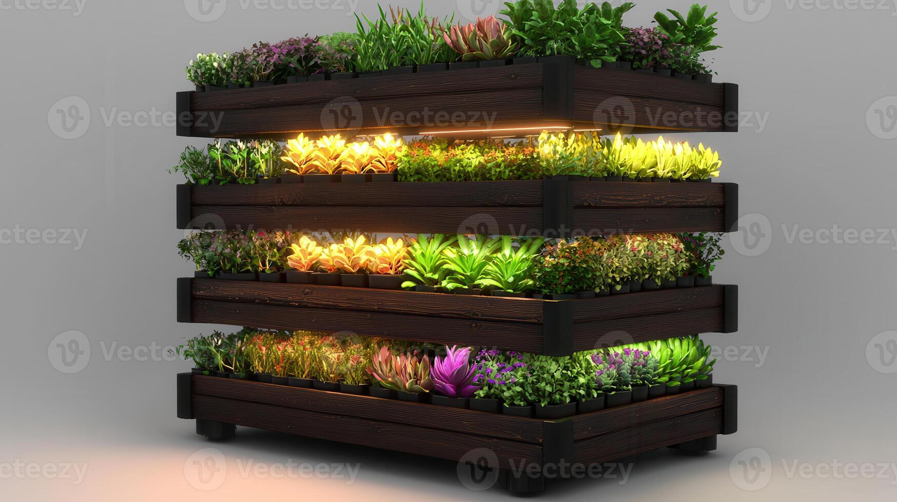 Modern Indoor Vertical Garden with LED Grow Lights Various Plants and Dark Wood Planters photo