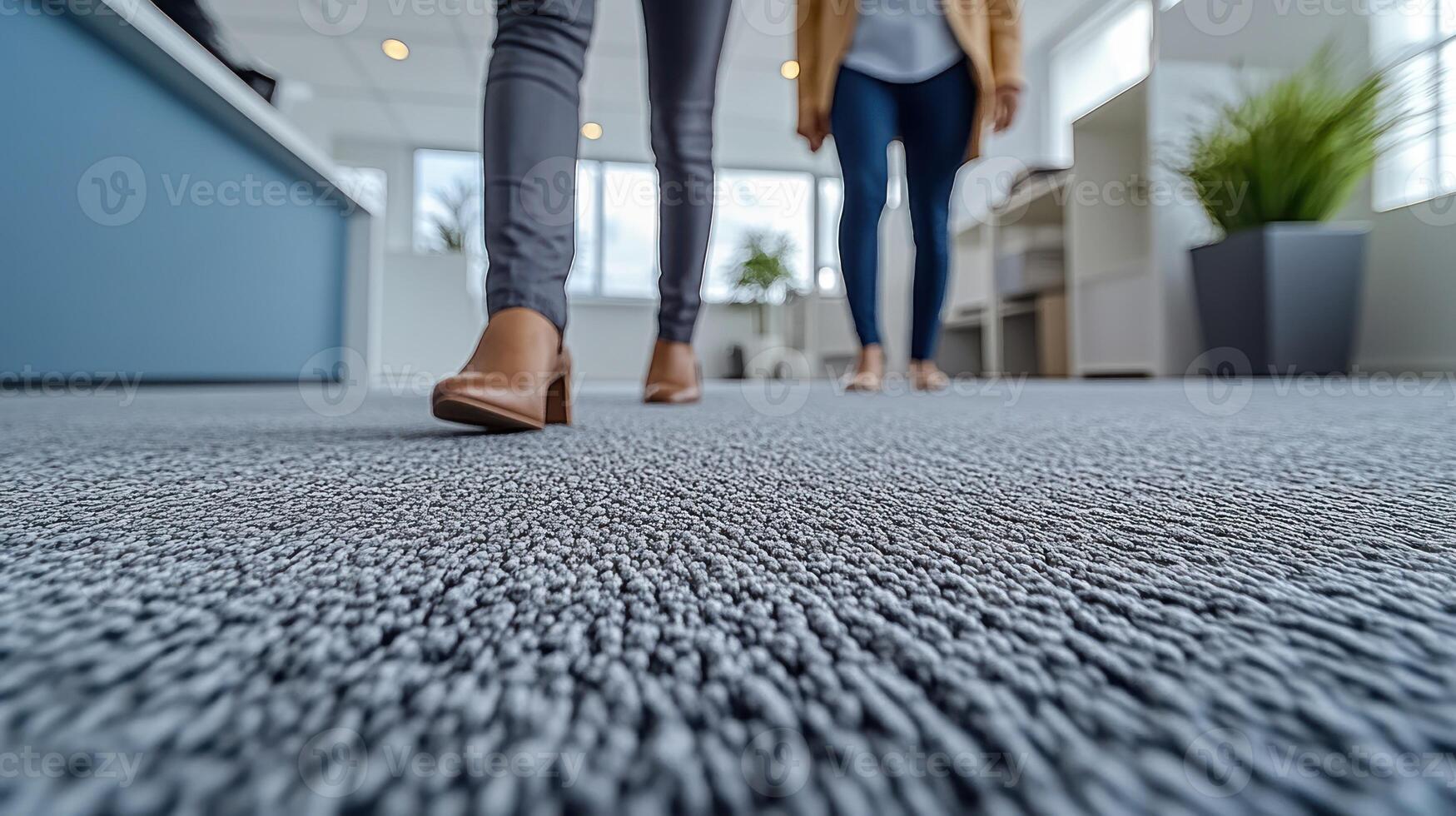Footsteps on plush carpet create a welcoming atmosphere in a bright workspace with greenery photo
