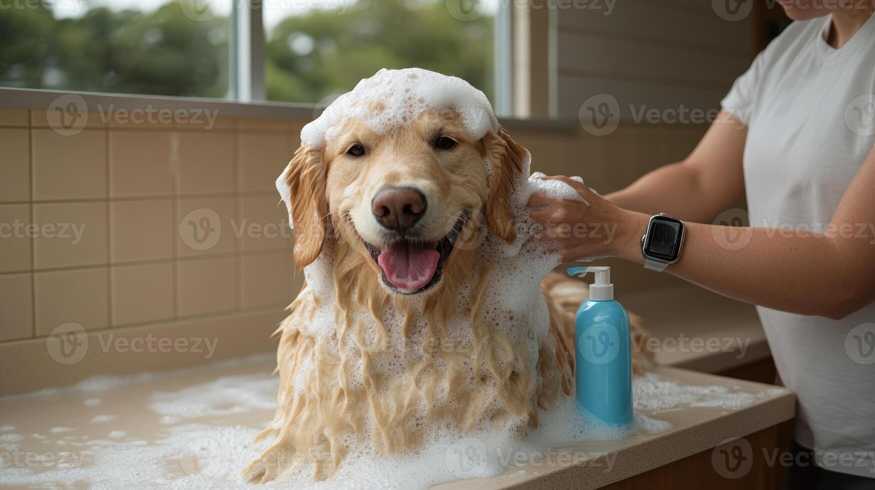 A joyful golden retriever is bathed in soap and water in a warm, inviting space photo