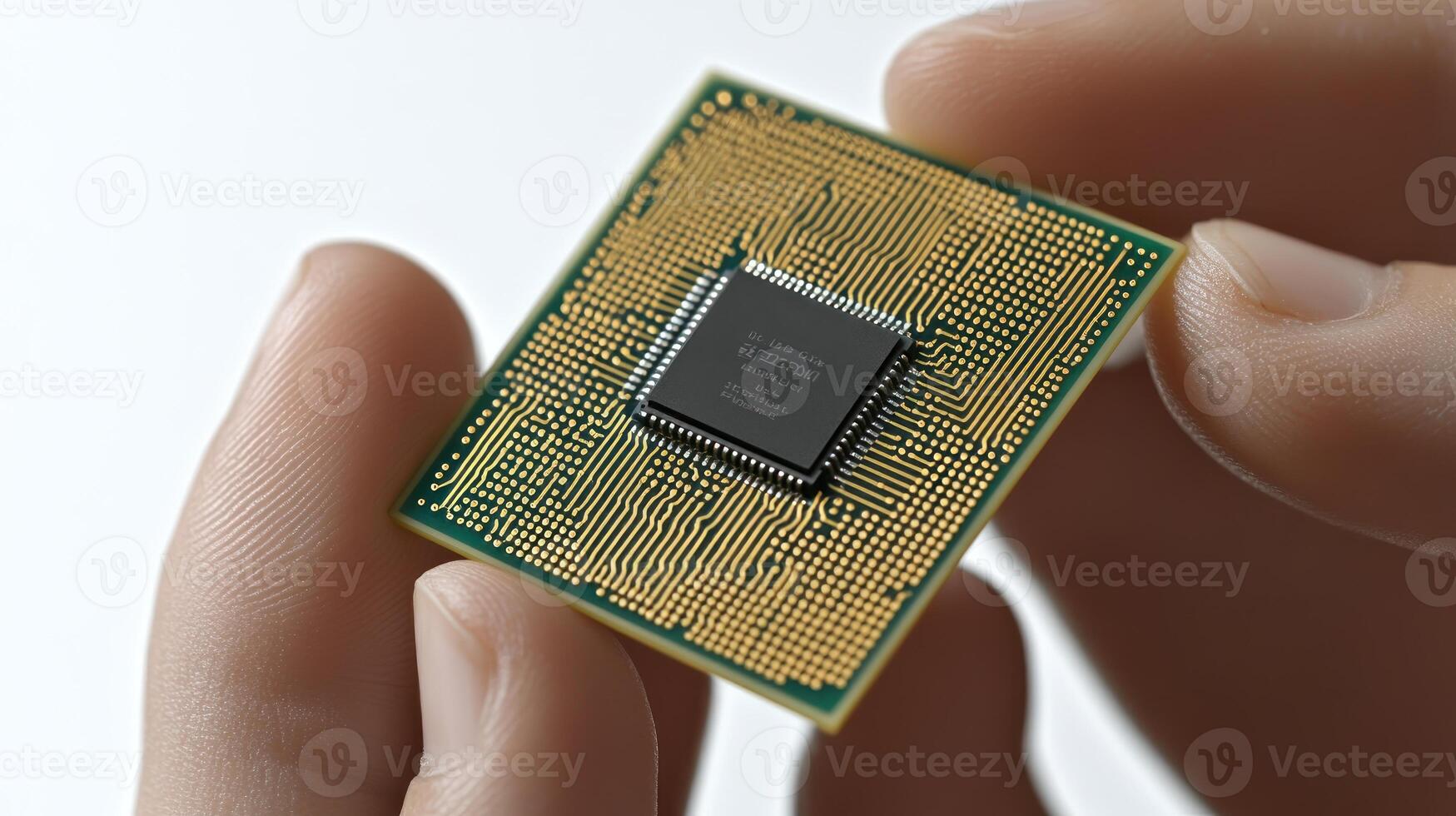 A microchip's intricate details are shown as hands carefully hold the component photo