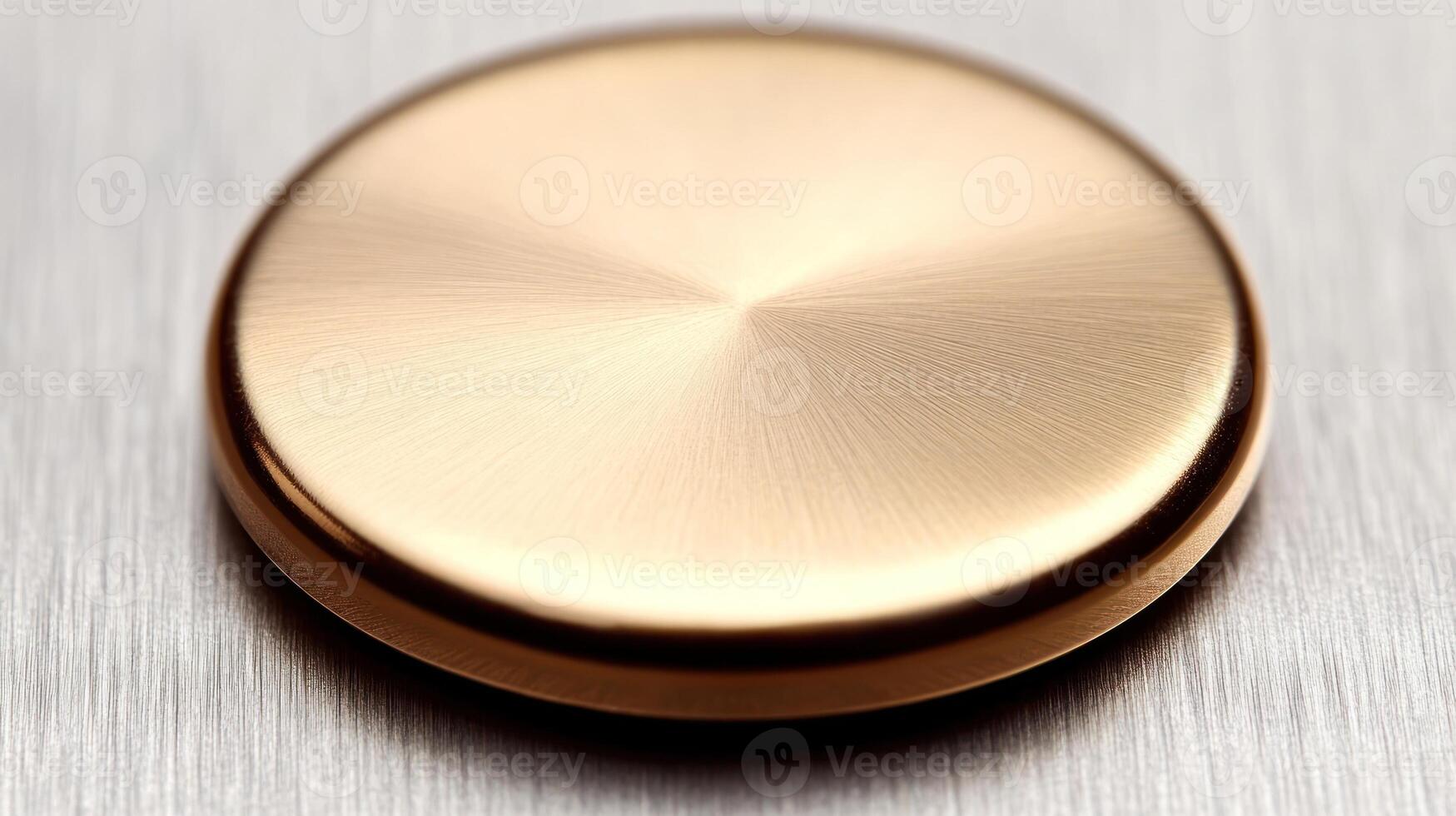 A gleaming round button lies on a brushed metal surface, capturing warm light perfectly photo