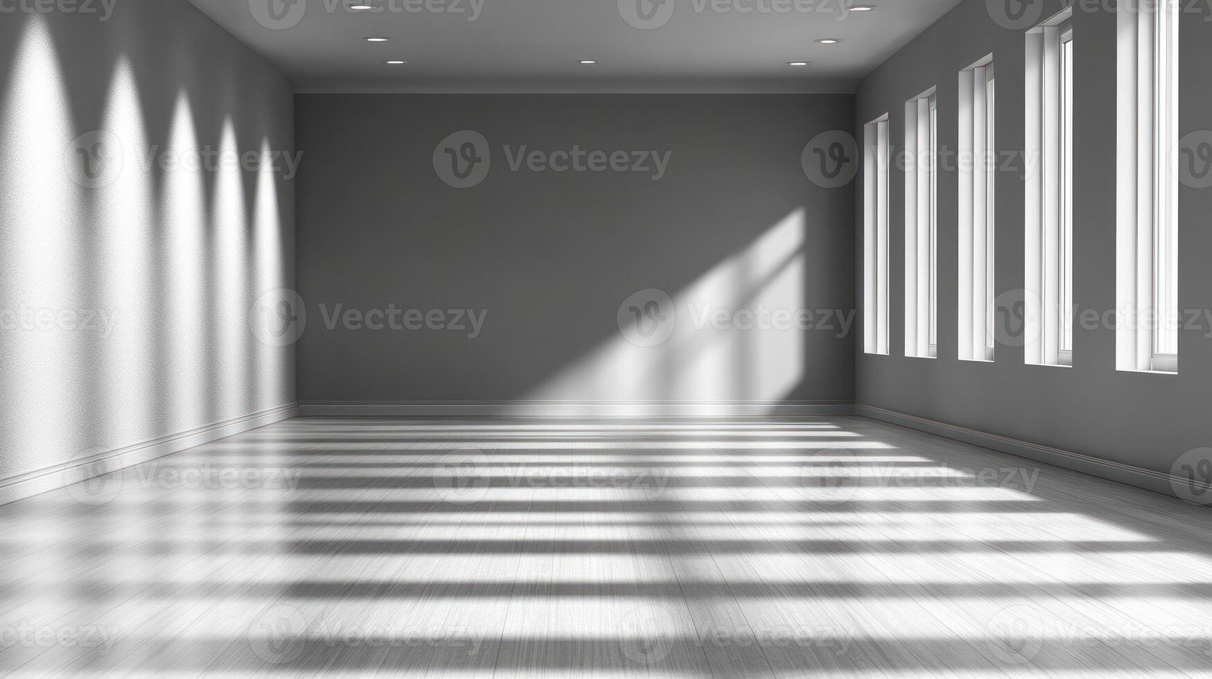 Soft sunlight streams through tall windows, casting intricate shadows on the smooth floor photo