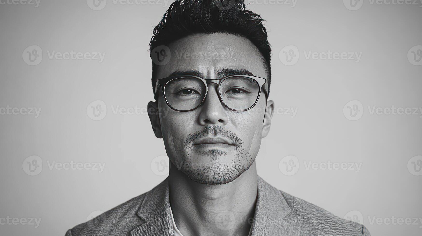 A stylish man exudes confidence while wearing glasses, captured against a neutral backdrop photo