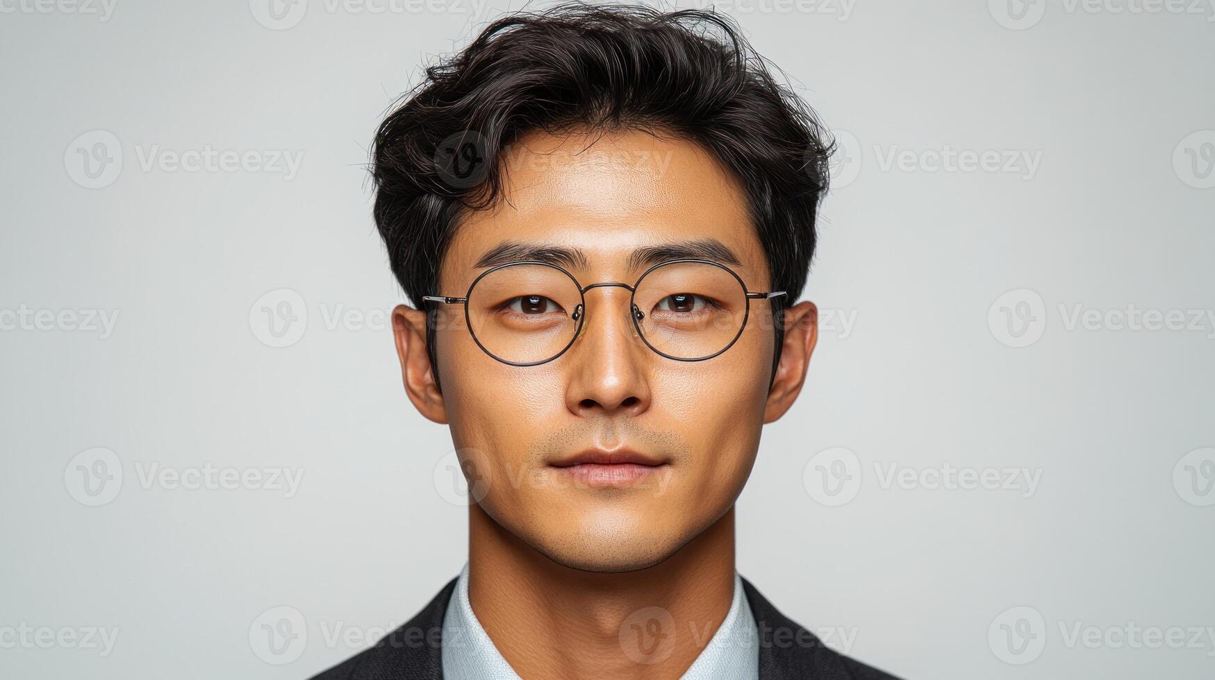 A confident person in stylish glasses poses against a softly lit backdrop photo