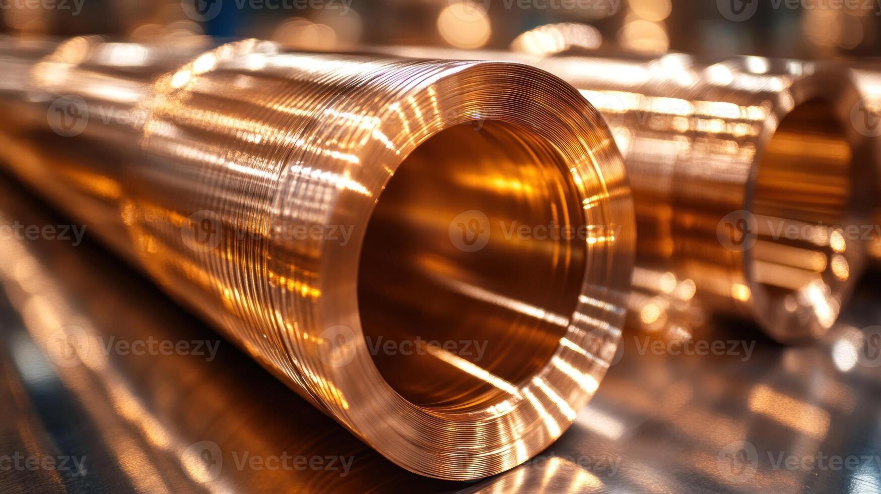 Gleaming copper coils are stacked neatly, showcasing intricate patterns and reflections photo