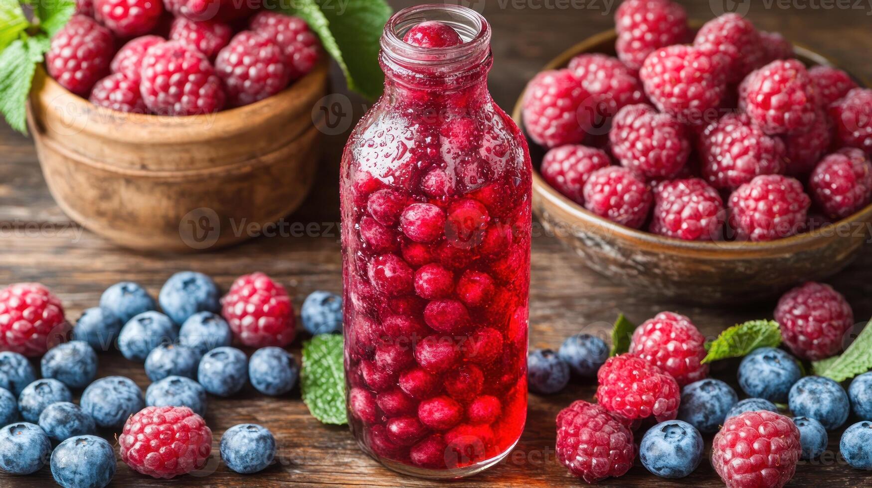 Juicy raspberries and blueberries surround a glass bottle filled with vibrant fruit drink photo