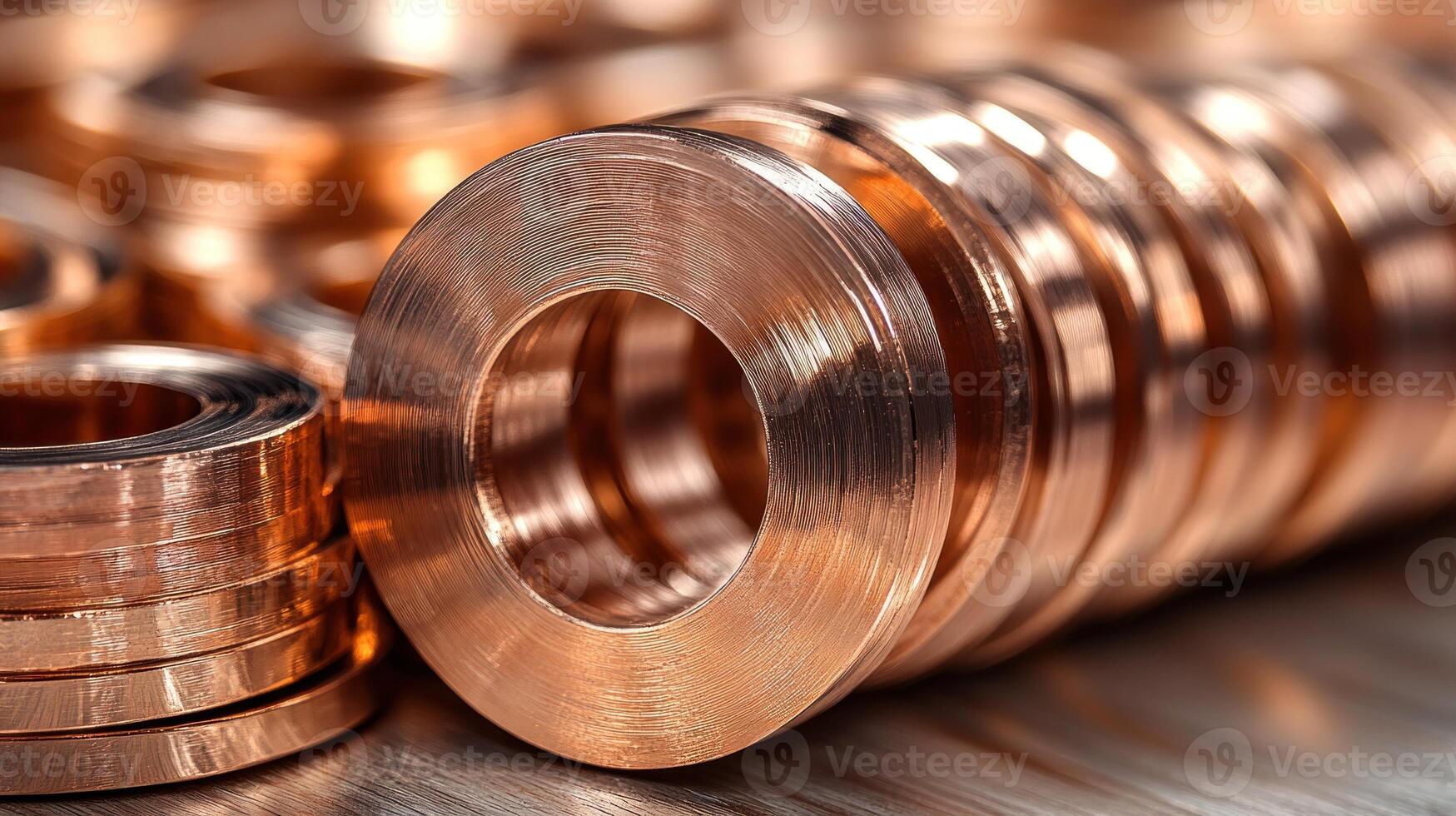 Polished copper rings form an intricate stack, reflecting warm tones and glinting in light photo