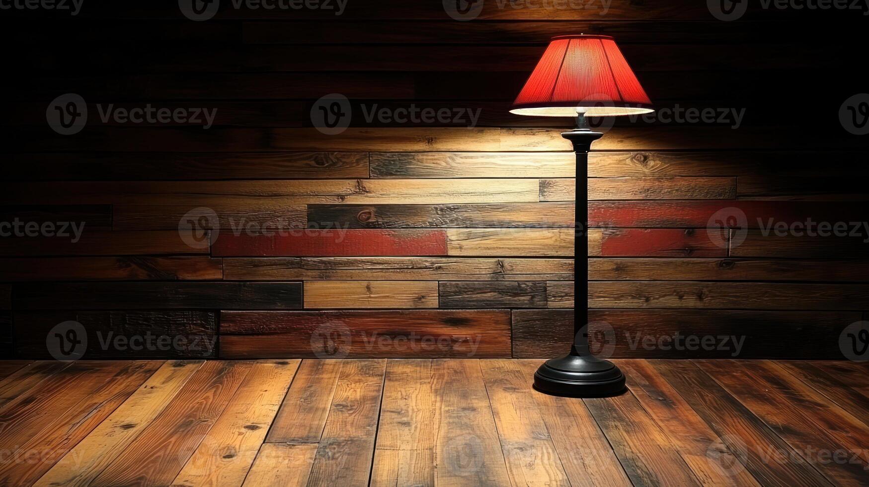 A vintage lamp casts a soft glow on textured wooden walls, creating a warm ambiance photo