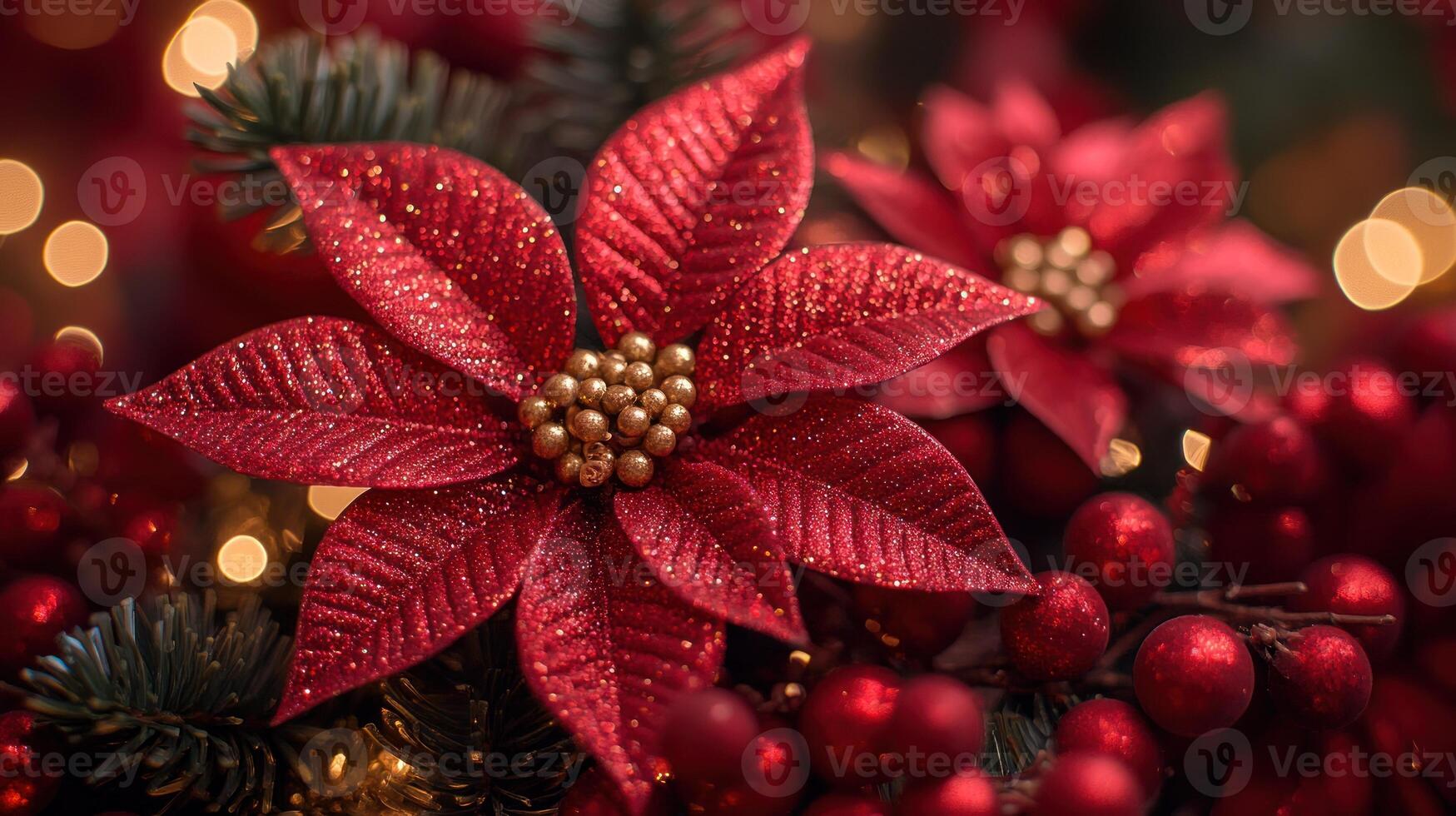 Vibrant poinsettias in rich red hues adorn a holiday arrangement, creating a warm atmosphere photo