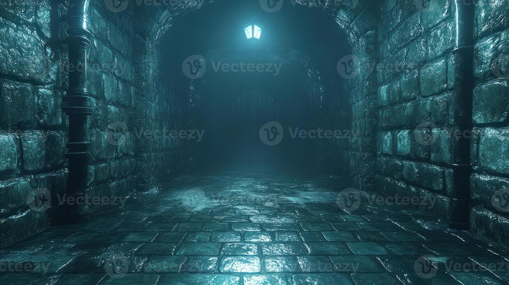 A dimly lit underground corridor reveals wet stone walls and a flickering lantern casting shadows photo